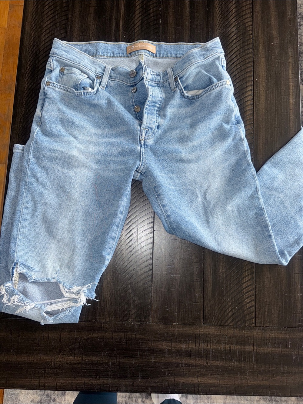 7 For All Mankind Light Blue Slim Straight Jeans with Knee Distress